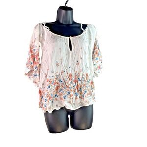 Forever 21 Women's White Floral Print Peasant Blouse Smocked Off Shoulder Top XS